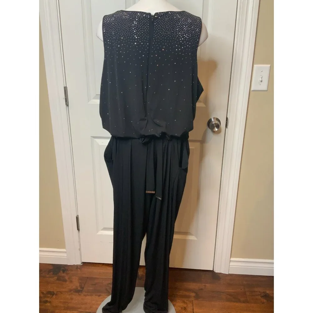 Michael Kors Black Sleeveless Belted Jumpsuit Jewel Sequins NWT $170, Size 2X